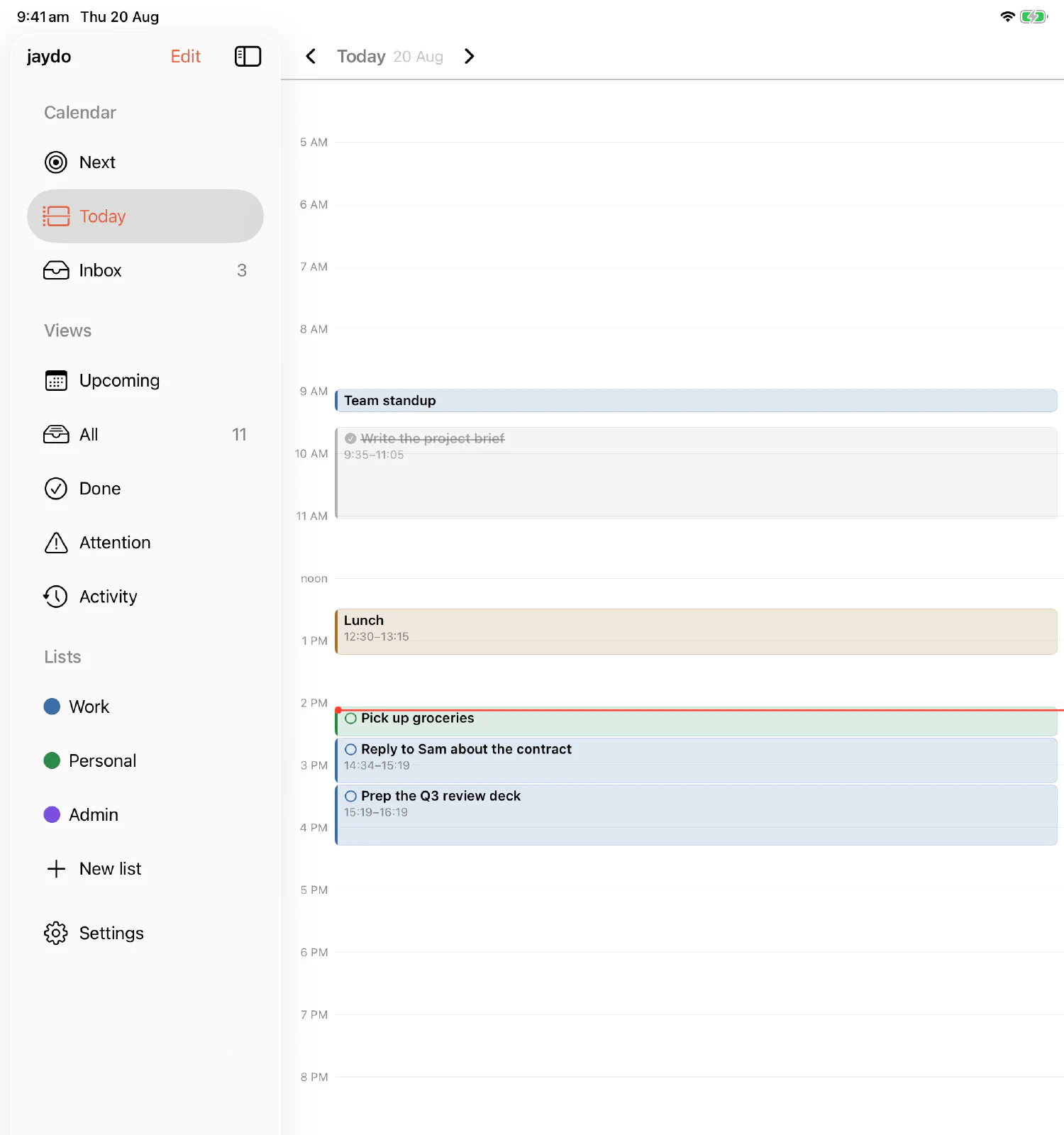 jaydo on iPad: a sidebar of views and lists beside a full day timeline, showing a finished morning task struck through, lunch, three afternoon blocks under a red now-line, and an empty evening.