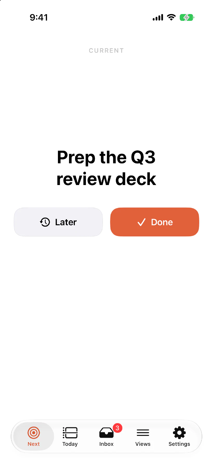 jaydo on iPhone showing a single task, Prep the Q3 review deck, with Later and Done buttons and nothing else on screen.