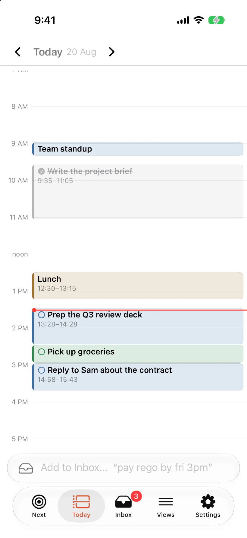 jaydo's Today view on iPhone: a standup at 9, a finished task struck through, lunch, then three afternoon blocks under a red now-line, with the evening empty.