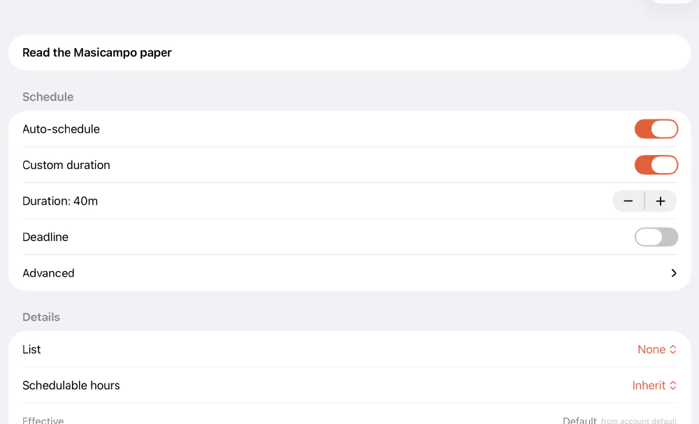 jaydo's triage sheet: auto-schedule and custom duration toggles, a 40 minute duration, a deadline switch, and List, Schedulable hours and Priority all set to inherit.