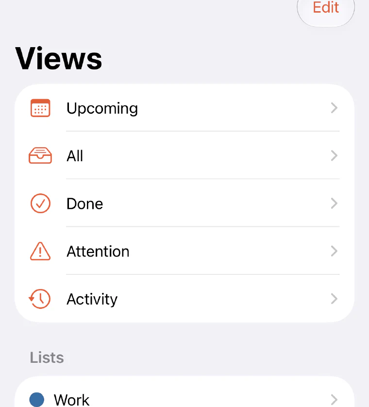 jaydo's Views screen listing Upcoming, All with eleven tasks, Done, Attention and Activity.