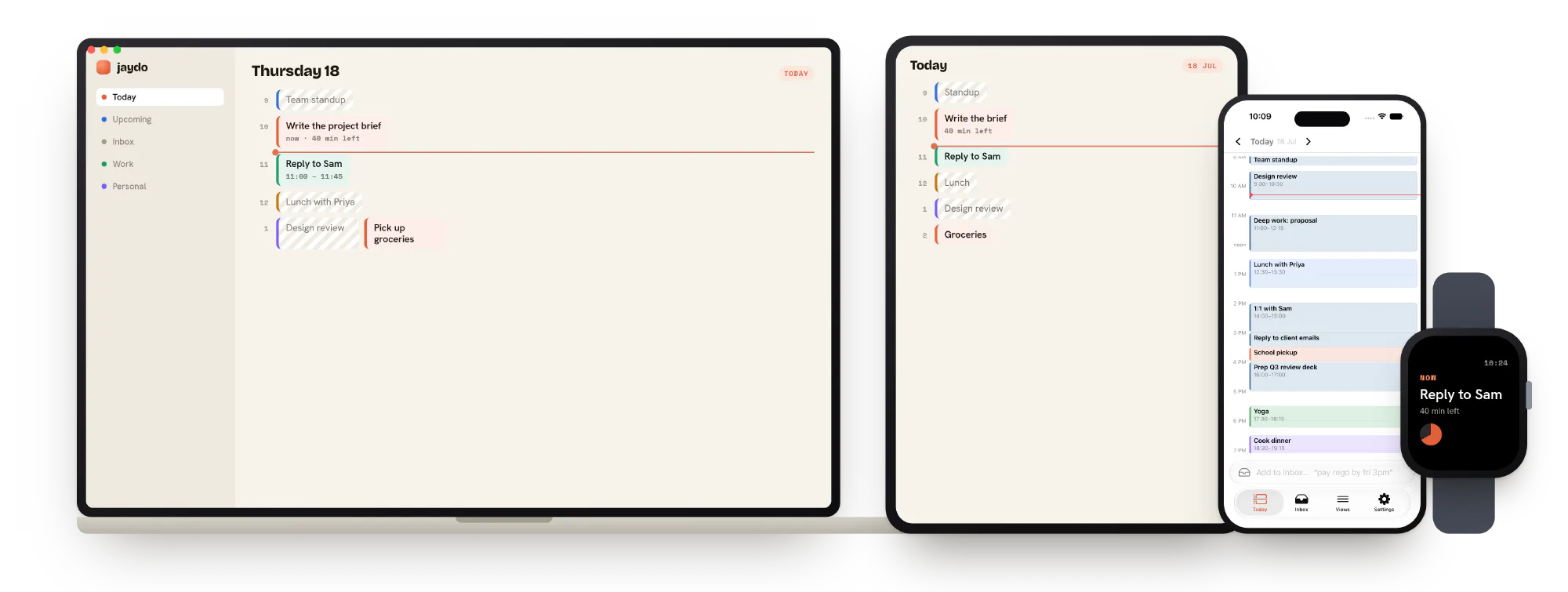 jaydo running natively on Mac, iPad, iPhone and Apple Watch, showing the same day across every device.