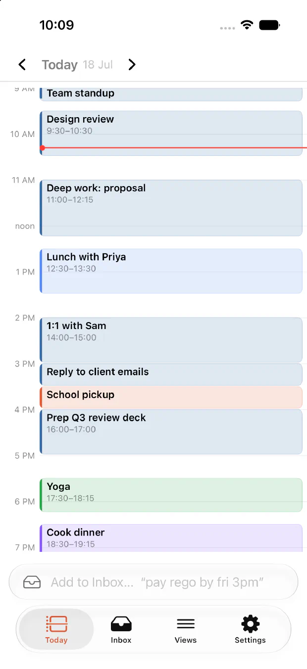 jaydo's Today view on iPhone, showing the day as time blocks with a red now-line.